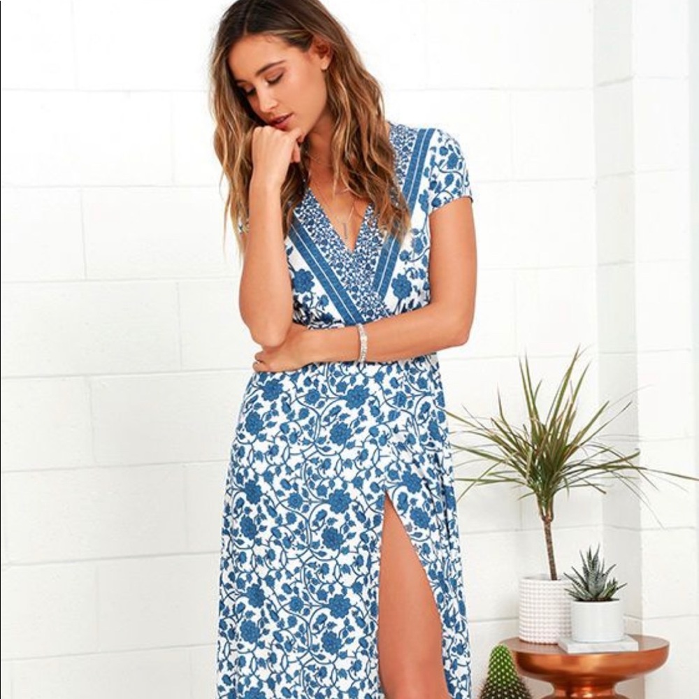 Lulu’s Ivory and Blue Floral Print Wrap Maxi Dress